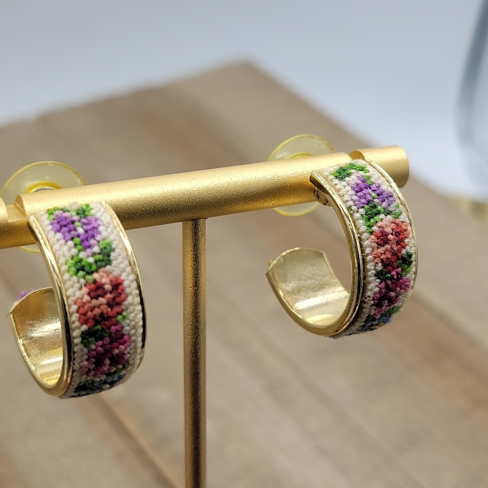Vintage Huggie Hoop Earrings • Embroidery on Goldtone • Pierced